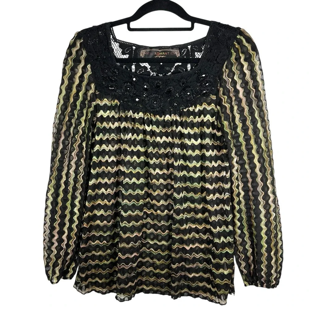 New Romantics Free People Chevron Knit Crochet Lace Beaded Blouse Loose Sz Small